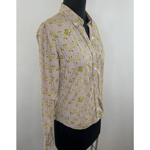 Odille Anthropologie Top Red Stripe Green Embroidered Eyelet Button-Down Shirt 4 - Picture 3 of 7